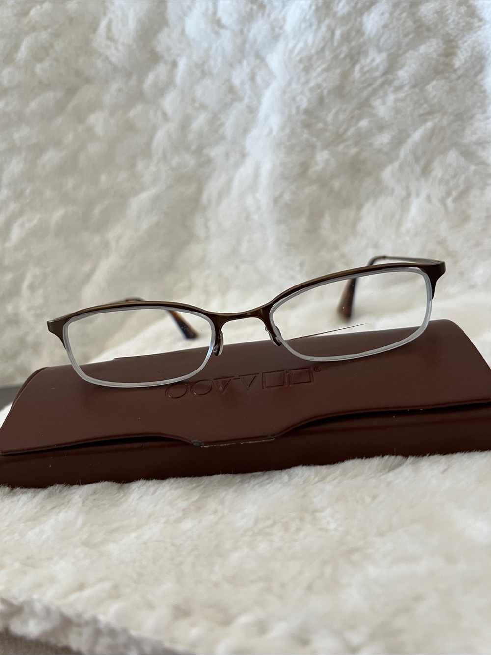 Oliver Peoples Rectangular Eye Glass Frames in Brown and Bronze w Silver accents